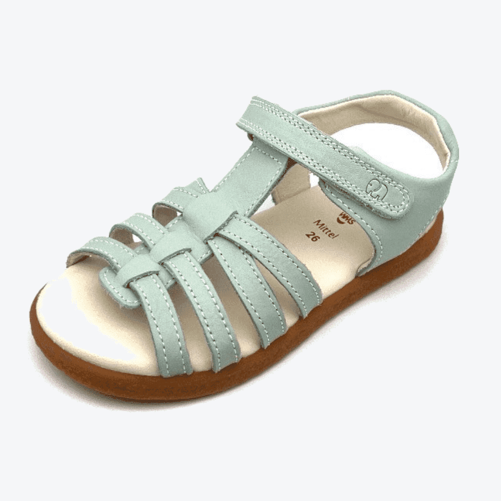 Kindersandalen Elefanten-CatCresiBuzious, Größe 25, Türkis, mit einem Neigungswinkel von 30 Grad.