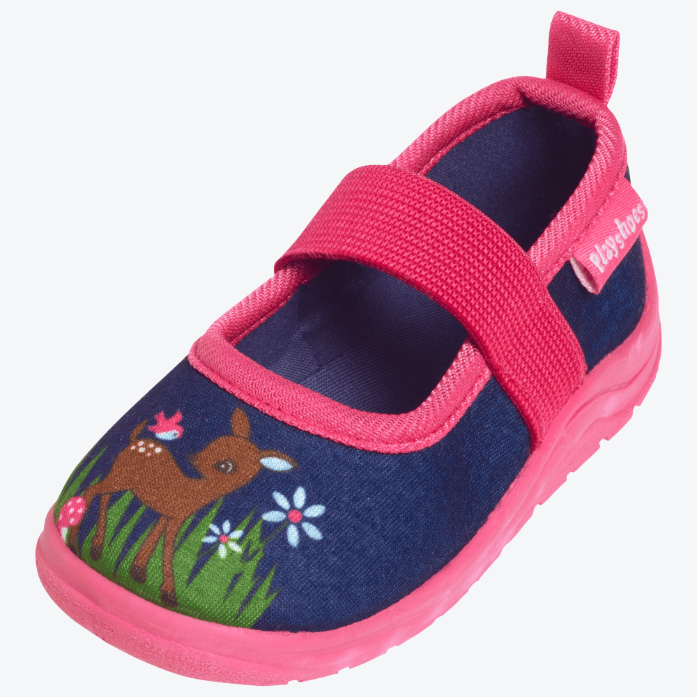Playshoes Hausschuhe Reh – pinke Kinder-Hausschuhe mit niedlichem Reh-Motiv, rutschfester Sohle und praktischem Klettverschluss. Bequeme und sichere Schuhe für Zuhause, Kita und Kindergarten.