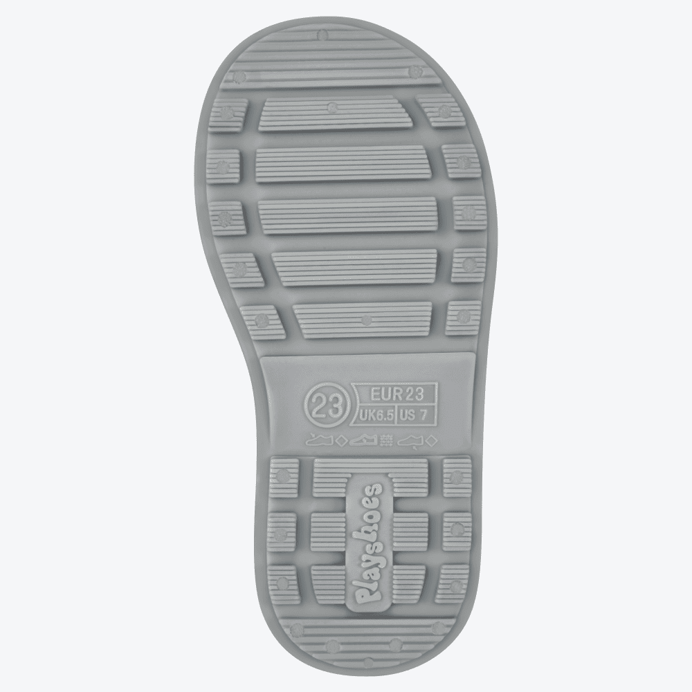 Strapazierfähige Laufsohle der Playshoes Regenstiefel in Gelb – tiefes Profil für sicheren Halt auf nassem Laub, Matsch und rutschigen Wegen.
