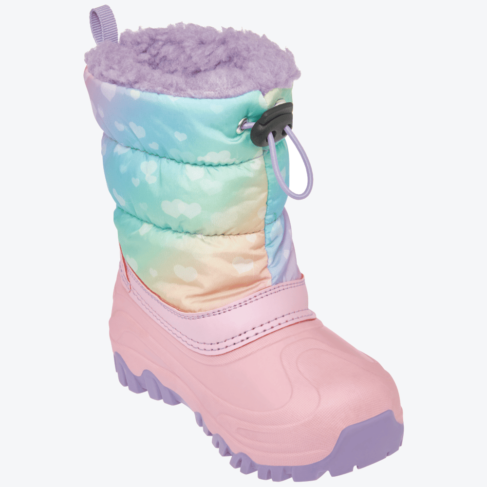 Bunter Playshoes Winterstiefel mit rosa Gummisohle und pastellfarbenem Schaft im Regenbogen-Design, lila Fellfutter und praktischem Kordelzug.