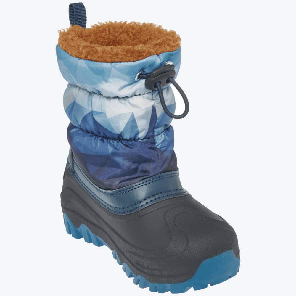 Playshoes Winterstiefel - Winter-Bootie Berge - Blau, warm gefütterter Kinder Schneestiefel mit Zugband und Stopper, schräge 30-Grad-Ansicht