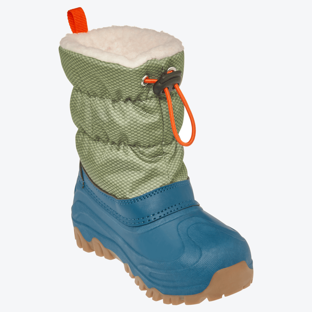 Grüner und petrolfarbener Playshoes Winterstiefel in schräger Frontansicht, mit dicker Profilsohle, Kunstfellfutter und praktischem Kordelzug.