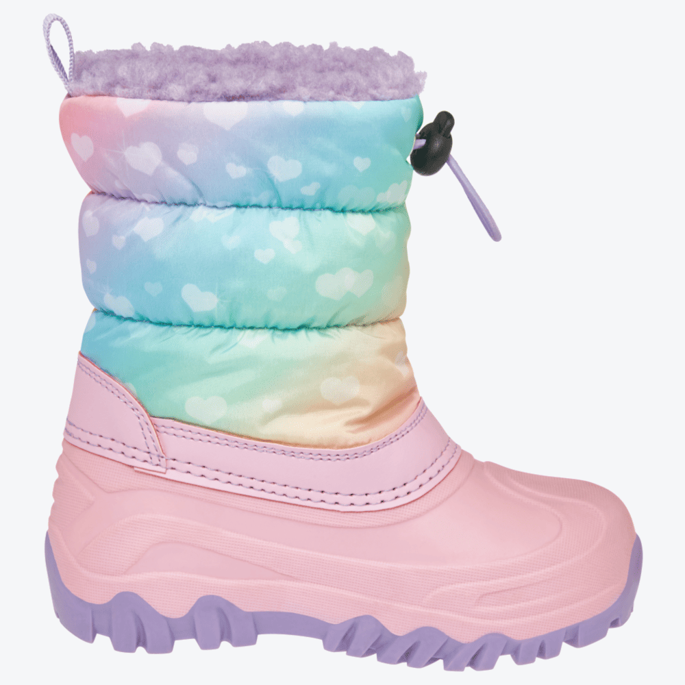 Rechte Seitenansicht des Playshoes Winterstiefels mit rosa Gummischuhteil, mehrfarbigem Schaft mit Herzchen und violettem Innenfutter.